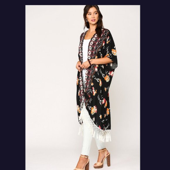 New Gigio UMGEE Small oversized Midnight Garden fringed midi kimono open jacket - Picture 1 of 4